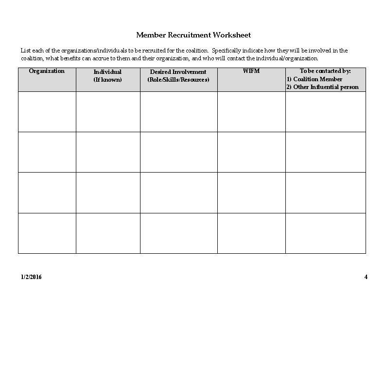 Member Recruitment Worksheet List each of the organizations/individuals to be recruited for the coalition.