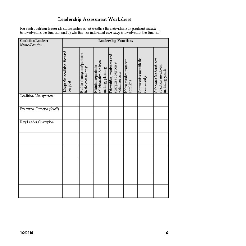 Leadership Assessment Worksheet For each coalition leader identified indicate: a) whether the individual (or