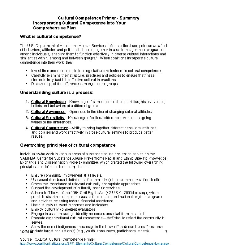Cultural Competence Primer - Summary Incorporating Cultural Competence into Your Comprehensive Plan What is