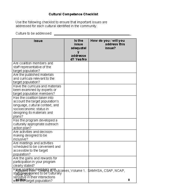 Cultural Competence Checklist Use the following checklist to ensure that important issues are addressed