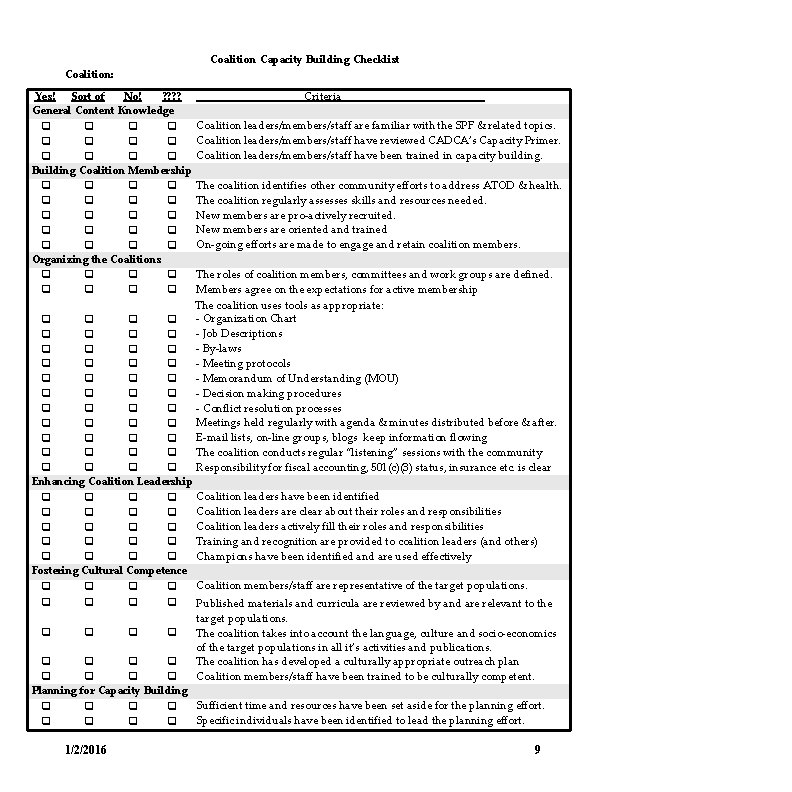 Coalition Capacity Building Checklist Coalition: Yes! Sort of No! ? ? General Content Knowledge