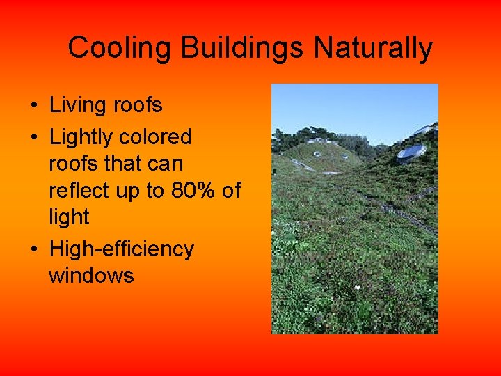 Cooling Buildings Naturally • Living roofs • Lightly colored roofs that can reflect up