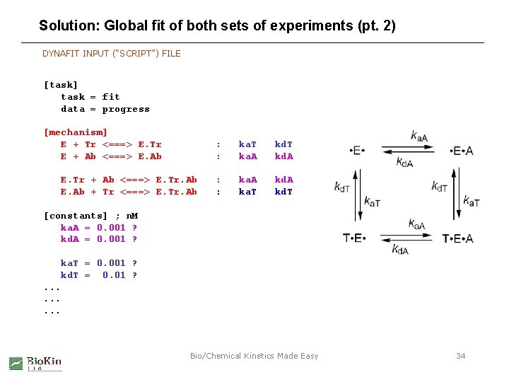 Solution: Global fit of both sets of experiments (pt. 2) DYNAFIT INPUT (“SCRIPT”) FILE