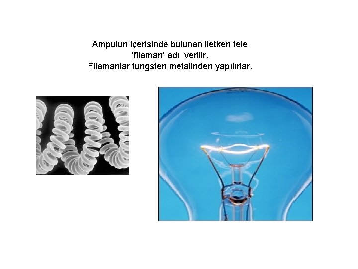 Ampulun içerisinde bulunan iletken tele ‘filaman’ adı verilir. Filamanlar tungsten metalinden yapılırlar. 