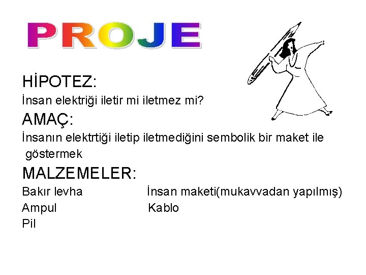 HİPOTEZ: İnsan elektriği iletir mi iletmez mi? AMAÇ: İnsanın elektrtiği iletip iletmediğini sembolik bir