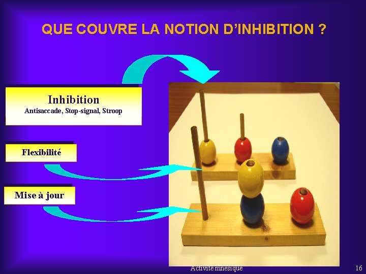 QUE COUVRE LA NOTION D’INHIBITION ? Inhibition Antisaccade, Stop-signal, Stroop Flexibilité Mise à jour