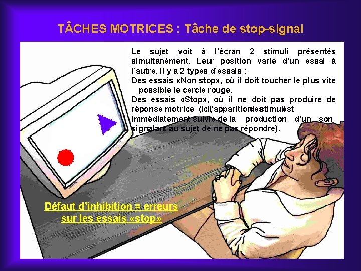 T CHES MOTRICES : Tâche de stop-signal Le sujet voit à l’écran 2 stimuli