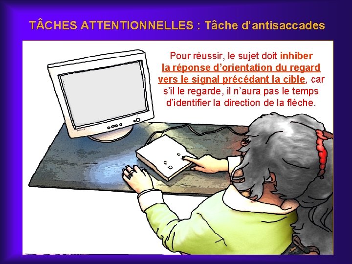 T CHES ATTENTIONNELLES : Tâche d’antisaccades Pour réussir, le sujet doit inhiber la réponse
