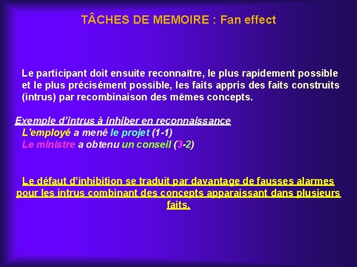 T CHES DE MEMOIRE : Fan effect Le participant doit ensuite reconnaître, le plus