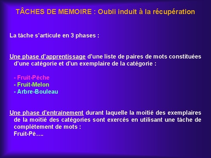 T CHES DE MEMOIRE : Oubli induit à la récupération La tâche s’articule en