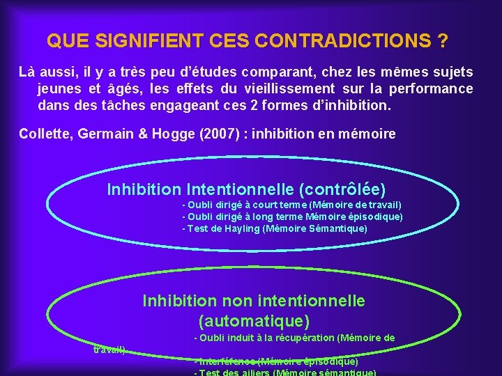 QUE SIGNIFIENT CES CONTRADICTIONS ? Là aussi, il y a très peu d’études comparant,