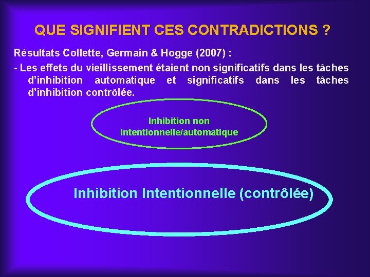 QUE SIGNIFIENT CES CONTRADICTIONS ? Résultats Collette, Germain & Hogge (2007) : - Les