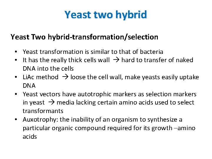 Yeast two hybrid Yeast Two hybrid-transformation/selection • Yeast transformation is similar to that of