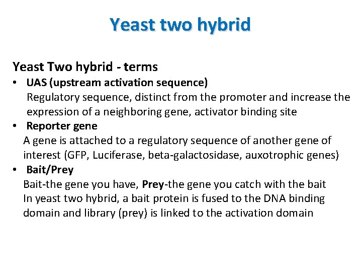 Yeast two hybrid Yeast Two hybrid - terms • UAS (upstream activation sequence) Regulatory