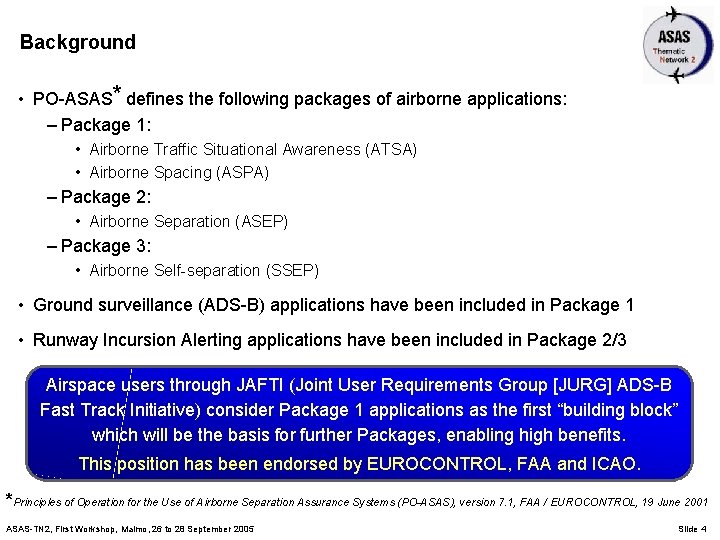 Background • PO-ASAS* defines the following packages of airborne applications: – Package 1: •