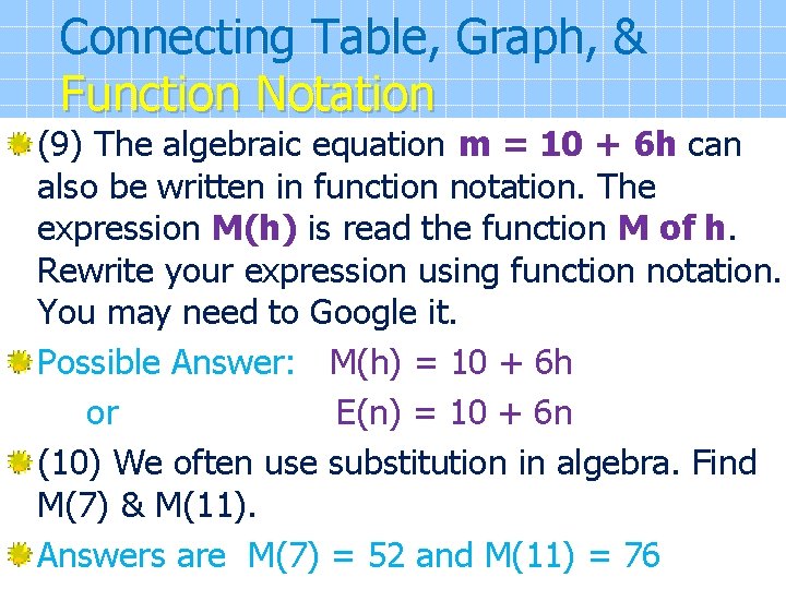 Connecting Table, Graph, & Function Notation (9) The algebraic equation m = 10 +