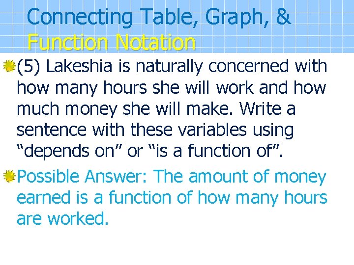 Connecting Table, Graph, & Function Notation (5) Lakeshia is naturally concerned with how many