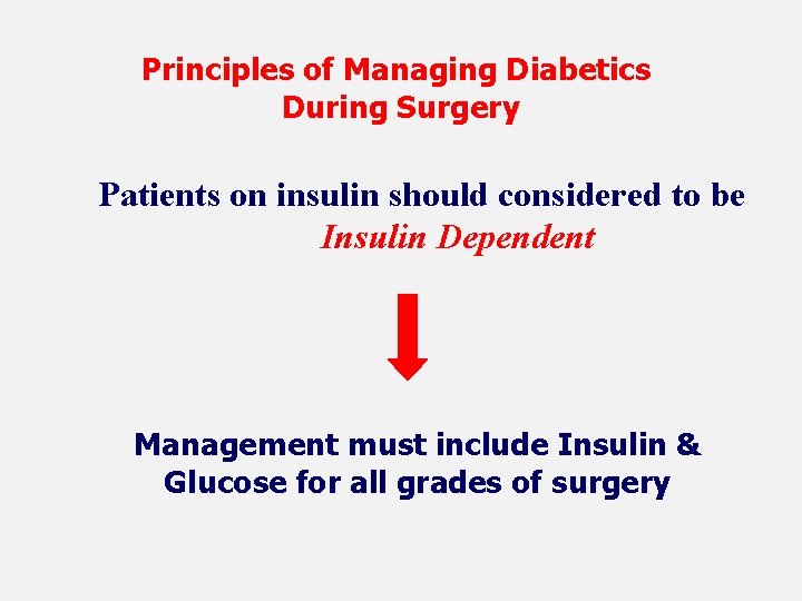 Principles of Managing Diabetics During Surgery Patients on insulin should considered to be Insulin