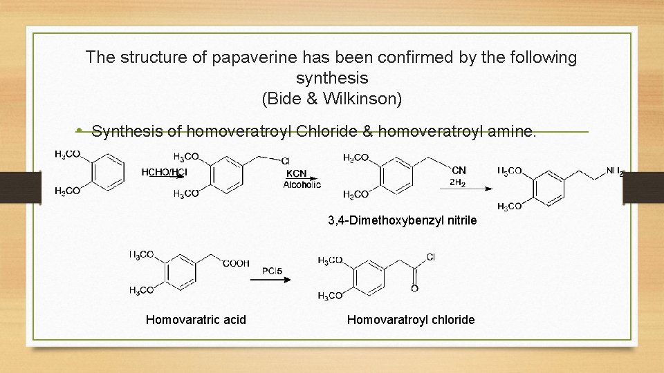 The structure of papaverine has been confirmed by the following synthesis (Bide & Wilkinson)