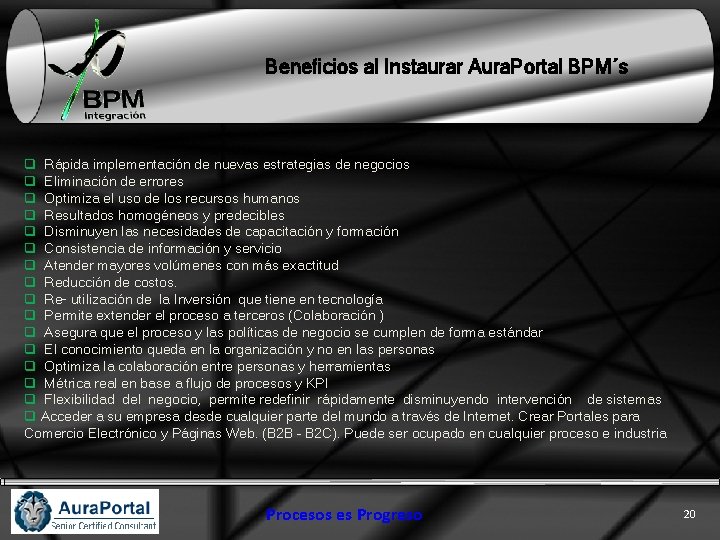 Beneficios al Instaurar Aura. Portal BPM´s q Rápida implementación de nuevas estrategias de negocios