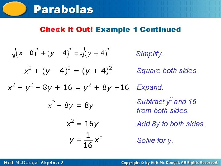 Parabolas Check It Out! Example 1 Continued Simplify. x 2 + (y – 4)2