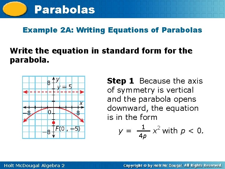 Parabolas Example 2 A: Writing Equations of Parabolas Write the equation in standard form