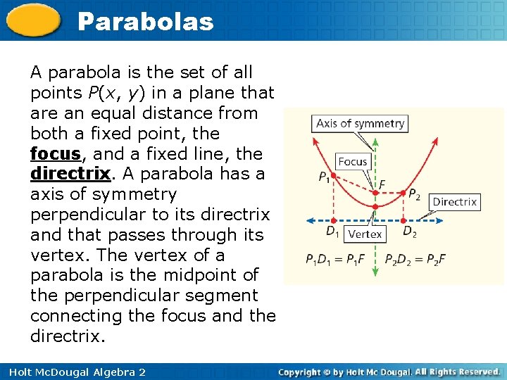 Parabolas A parabola is the set of all points P(x, y) in a plane