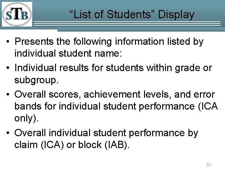 “List of Students” Display • Presents the following information listed by individual student name: