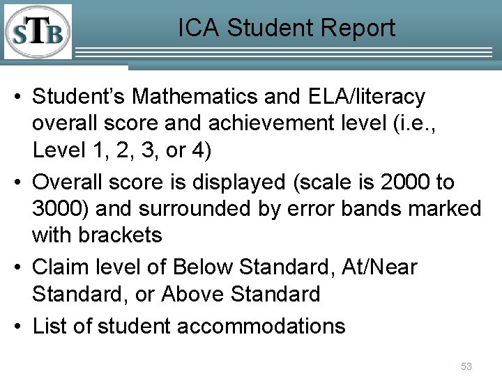 ICA Student Report • Student’s Mathematics and ELA/literacy overall score and achievement level (i.