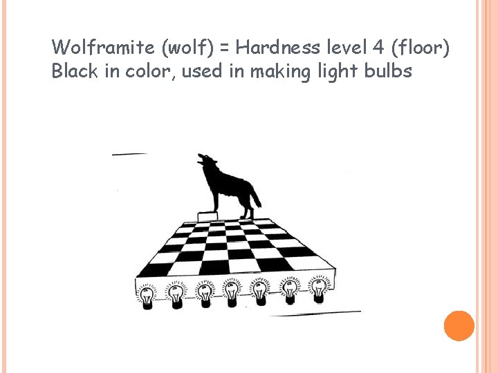 Wolframite (wolf) = Hardness level 4 (floor) Black in color, used in making light