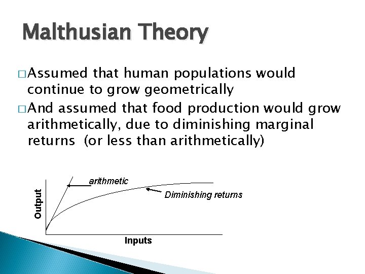 Malthusian Theory � Assumed that human populations would continue to grow geometrically � And