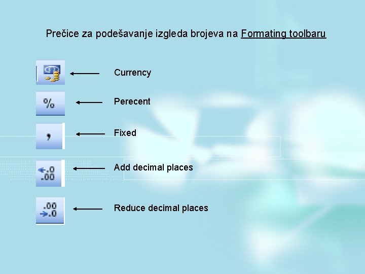 Prečice za podešavanje izgleda brojeva na Formating toolbaru Currency Perecent Fixed Add decimal places