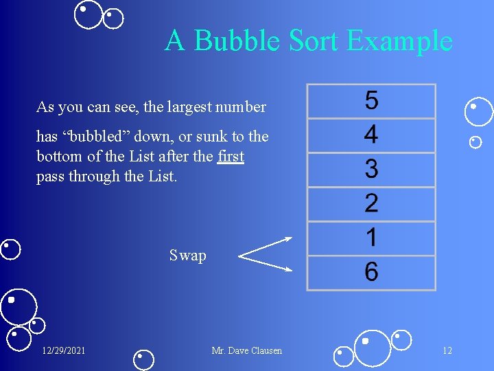 A Bubble Sort Example As you can see, the largest number has “bubbled” down, A Bubble Sort Example As you can see, the largest number has “bubbled” down,