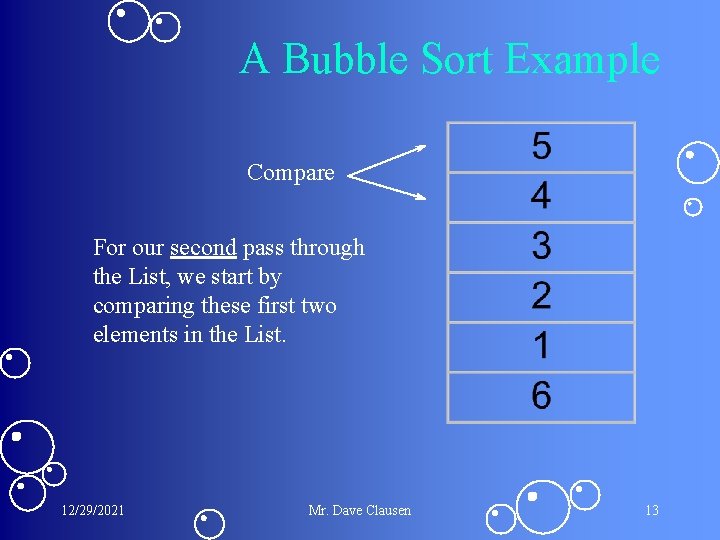 A Bubble Sort Example Compare For our second pass through the List, we start A Bubble Sort Example Compare For our second pass through the List, we start