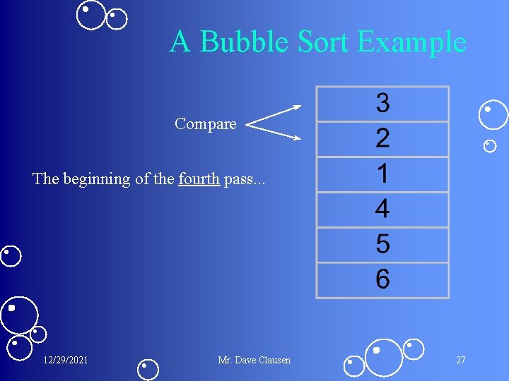 A Bubble Sort Example Compare The beginning of the fourth pass. . . 12/29/2021 A Bubble Sort Example Compare The beginning of the fourth pass. . . 12/29/2021