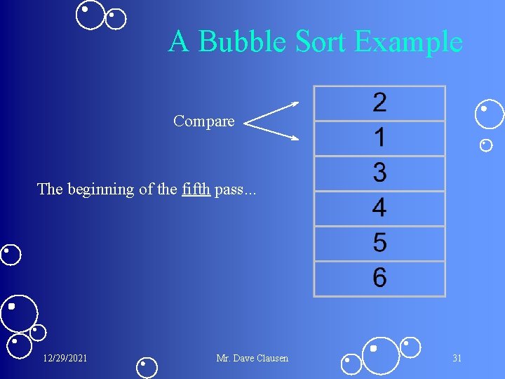 A Bubble Sort Example Compare The beginning of the fifth pass. . . 12/29/2021 A Bubble Sort Example Compare The beginning of the fifth pass. . . 12/29/2021