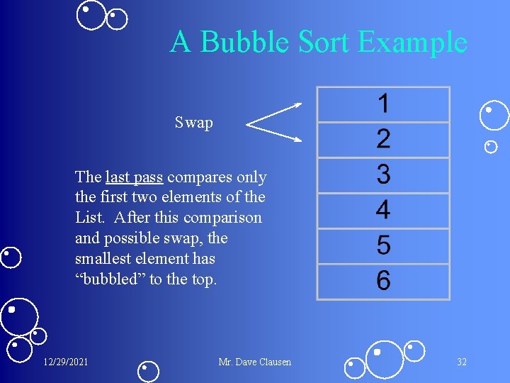 A Bubble Sort Example Swap The last pass compares only the first two elements A Bubble Sort Example Swap The last pass compares only the first two elements