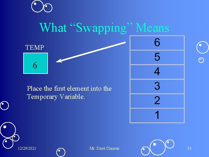 What “Swapping” Means TEMP 6 Place the first element into the Temporary Variable. 12/29/2021 What “Swapping” Means TEMP 6 Place the first element into the Temporary Variable. 12/29/2021