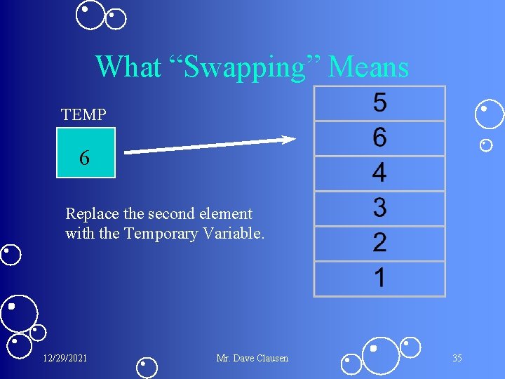 What “Swapping” Means TEMP 6 Replace the second element with the Temporary Variable. 12/29/2021 What “Swapping” Means TEMP 6 Replace the second element with the Temporary Variable. 12/29/2021