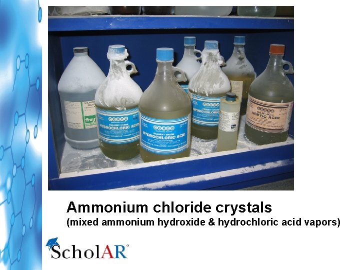 Ammonium chloride crystals (mixed ammonium hydroxide & hydrochloric acid vapors) 