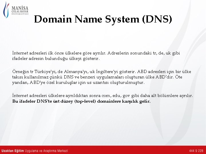 Domain Name System (DNS) İnternet adresleri ilk önce ülkelere göre ayrılır. Adreslerin sonundaki tr,