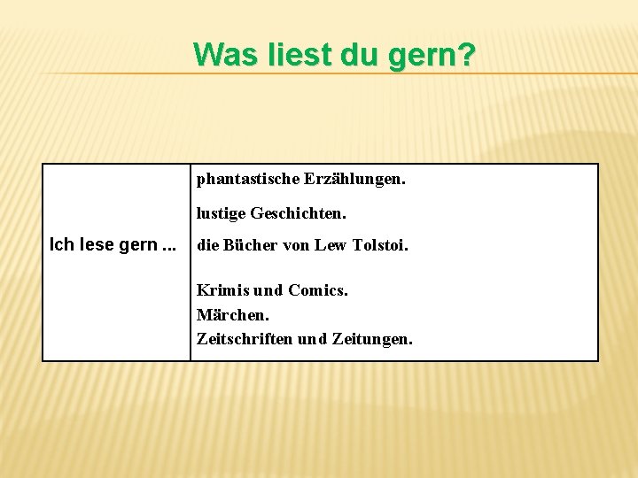 Was liest du gern? phantastische Erzählungen. lustige Geschichten. Ich lese gern. . . die