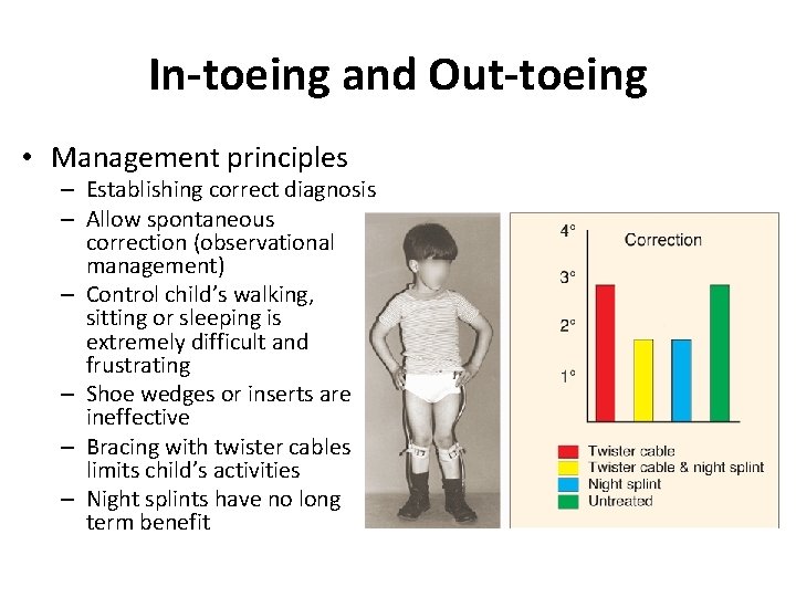 In-toeing and Out-toeing • Management principles – Establishing correct diagnosis – Allow spontaneous correction