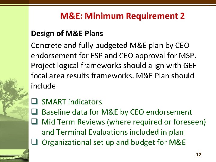 Design of M&E Plans Concrete and fully budgeted M&E plan by CEO endorsement for