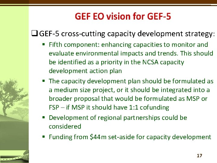 q GEF-5 cross-cutting capacity development strategy: § Fifth component: enhancing capacities to monitor and