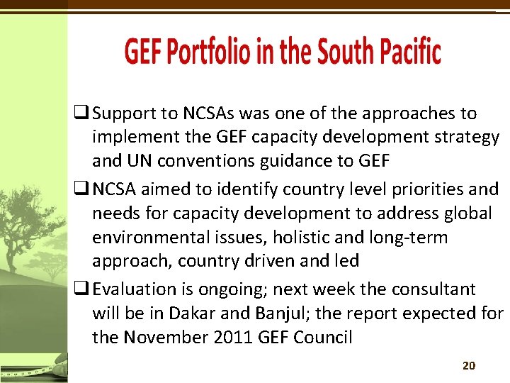 q Support to NCSAs was one of the approaches to implement the GEF capacity
