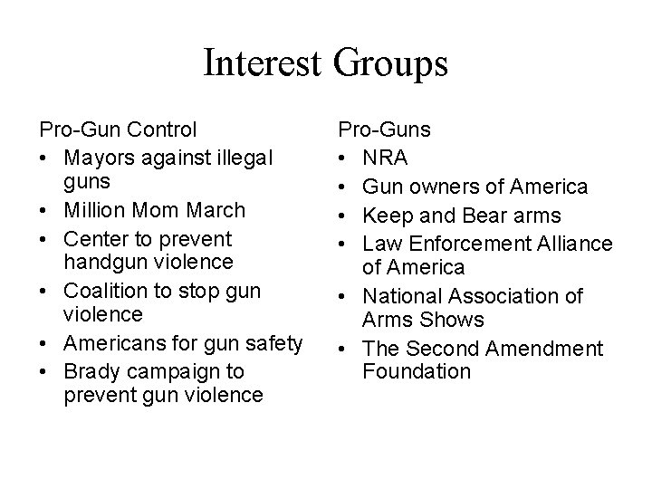 Interest Groups Pro-Gun Control • Mayors against illegal guns • Million Mom March •