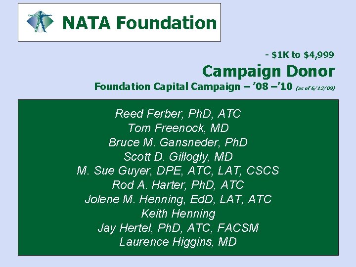 NATA Foundation - $1 K to $4, 999 Campaign Donor Foundation Capital Campaign –