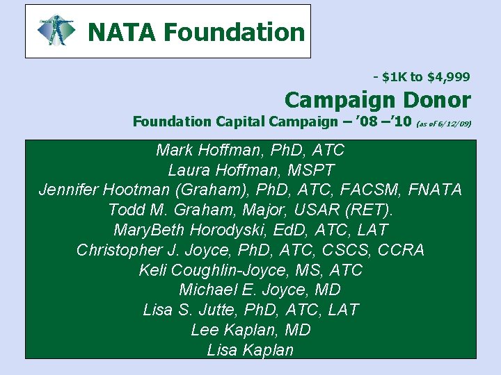 NATA Foundation - $1 K to $4, 999 Campaign Donor Foundation Capital Campaign –