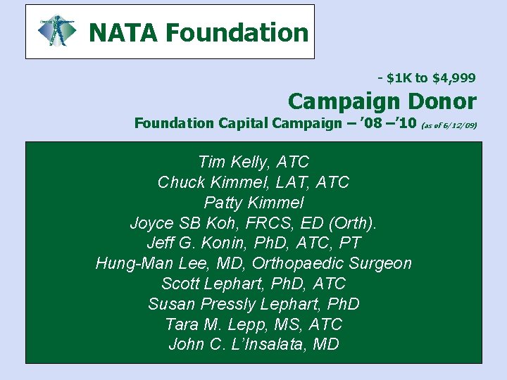 NATA Foundation - $1 K to $4, 999 Campaign Donor Foundation Capital Campaign –